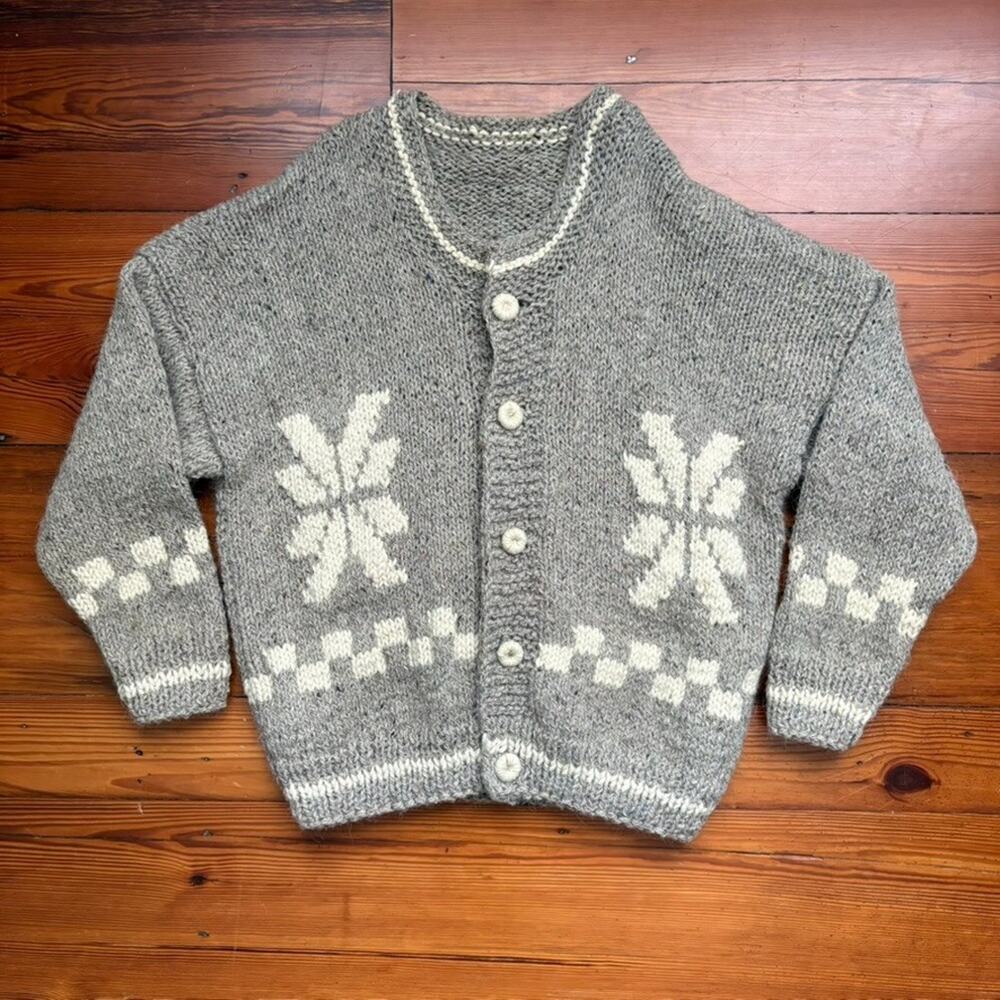Vintage Hand Knit Cowichan Sweater Men's Size L Wool Chunky Cardigan Beige
